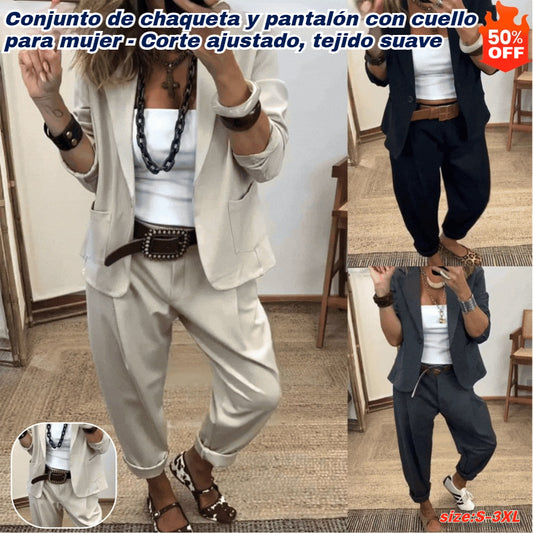 💎Descuento por tiempo limitado del 50%💎Conjunto de chaqueta y pantalón para mujer con solapas - Corte ajustado, tejido suave👖✨【40-100 kg】