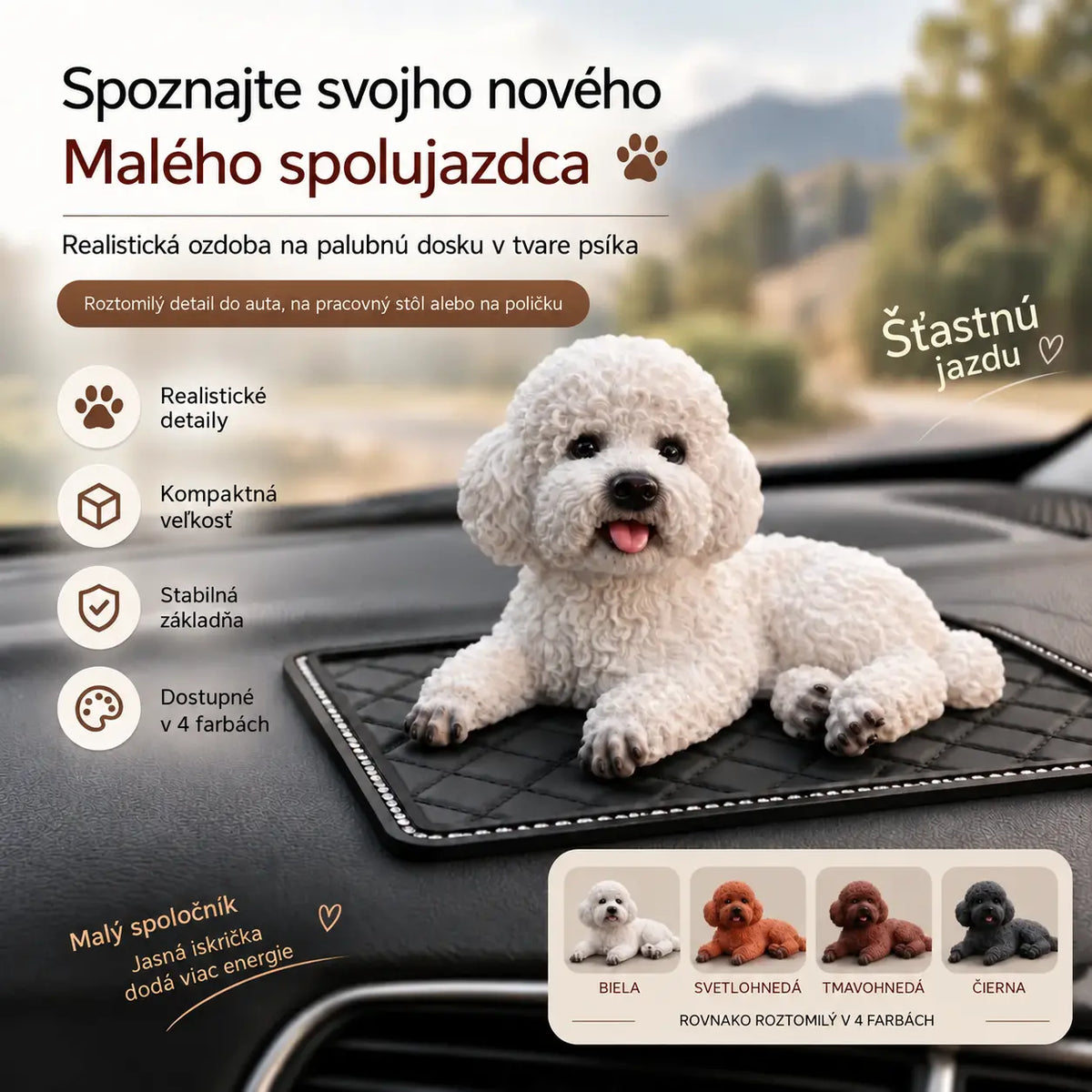 🐩✨ Ozdoba pudlíka na palubnú dosku auta – realistické detaily, 2 farby, ideálny spoločník na každú cestu.