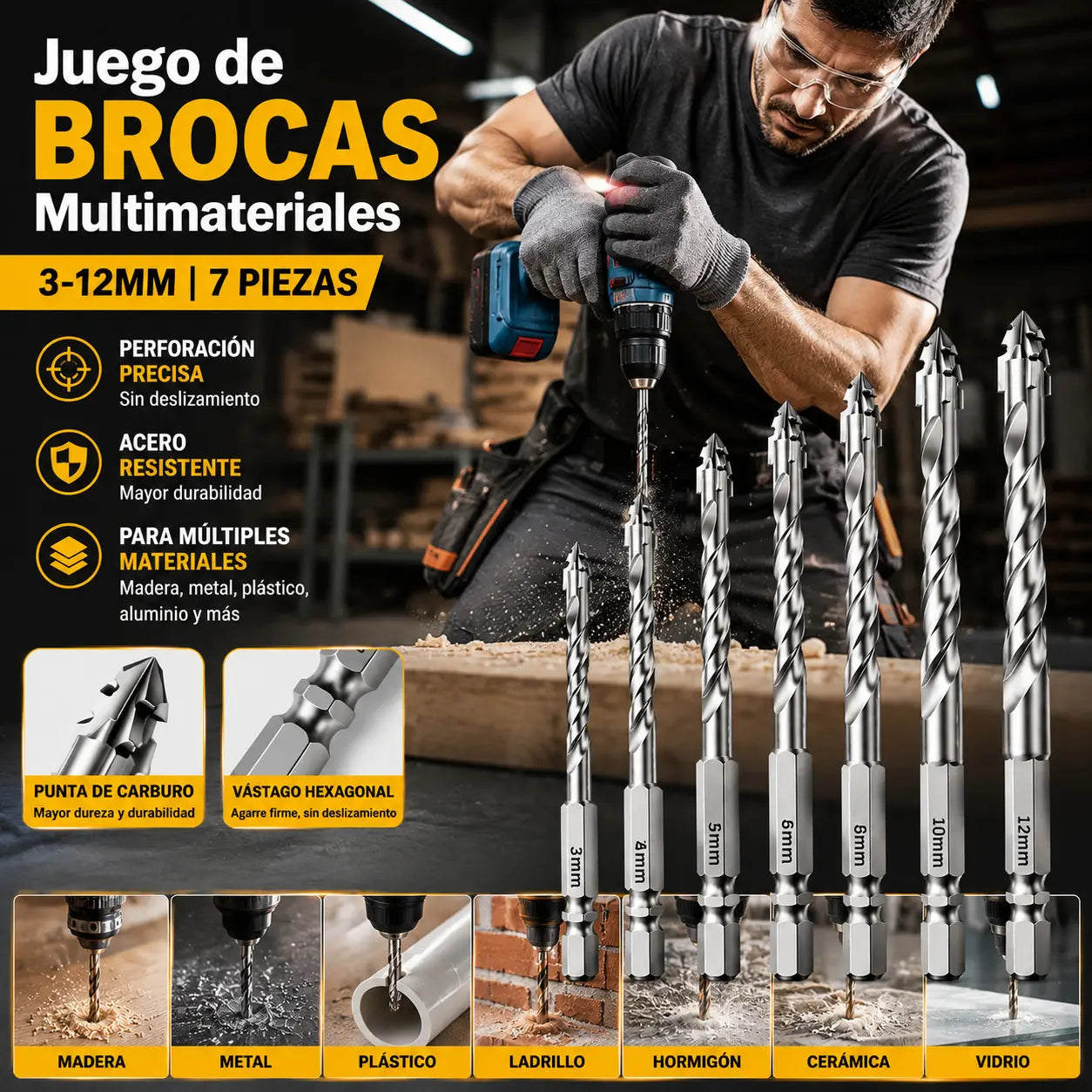 【7 pieza】Este juego de brocas multifuncionales de alta dureza es antideslizante, proporciona una perforación precisa y es adecuado para madera, metal, plástico y aluminio.【3+4+5+6+8+10+12mm】