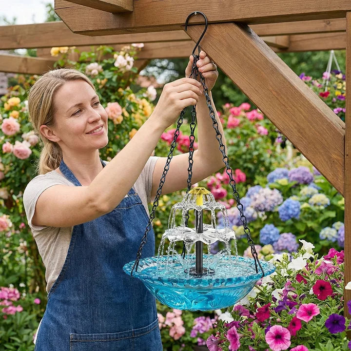 Fuente colgante solar para baño de pájaros con estilo cascada