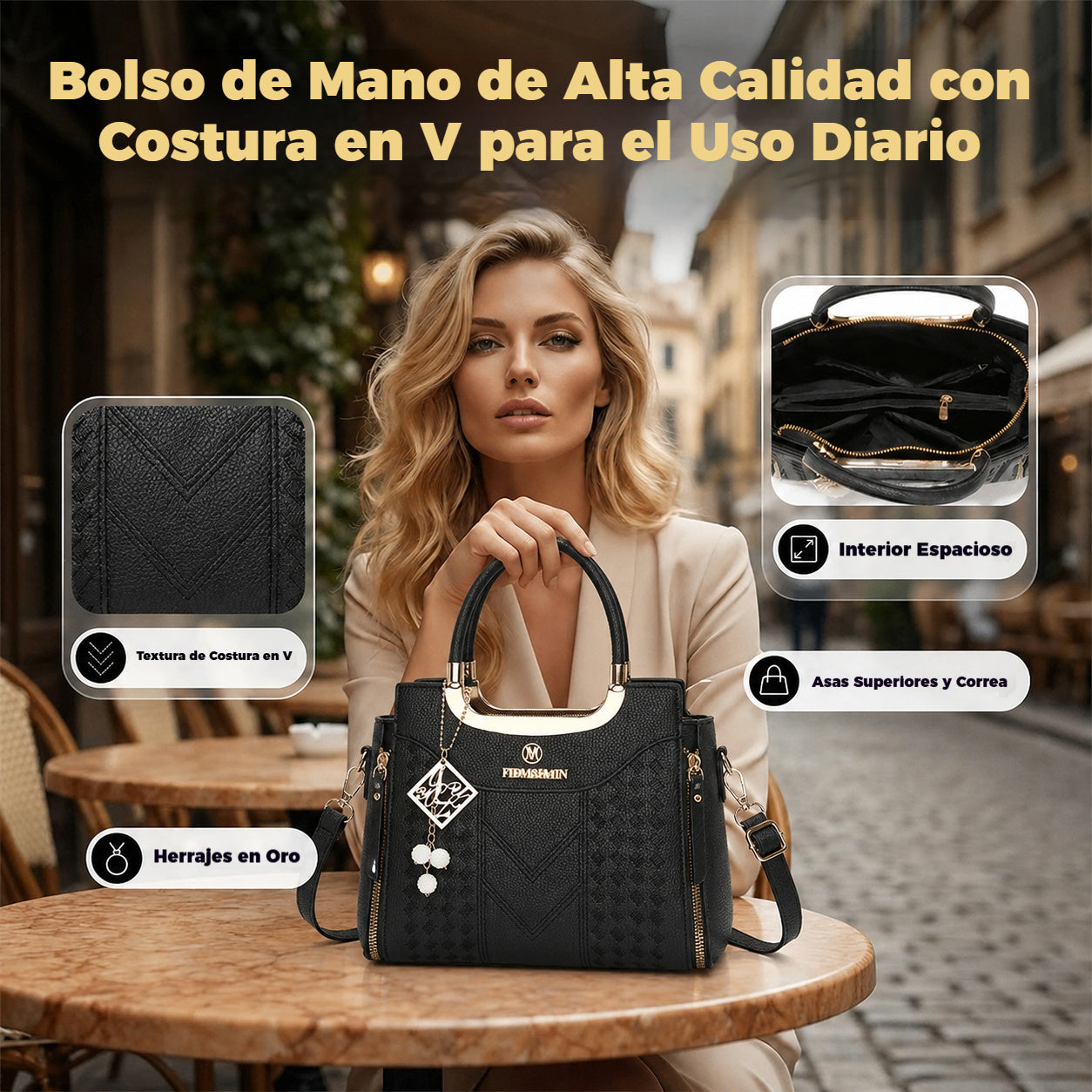 👜✨ Bolso de mujer con asa superior, costuras en forma de V, herrajes dorados y múltiples compartimentos: elegante y espacioso.💼