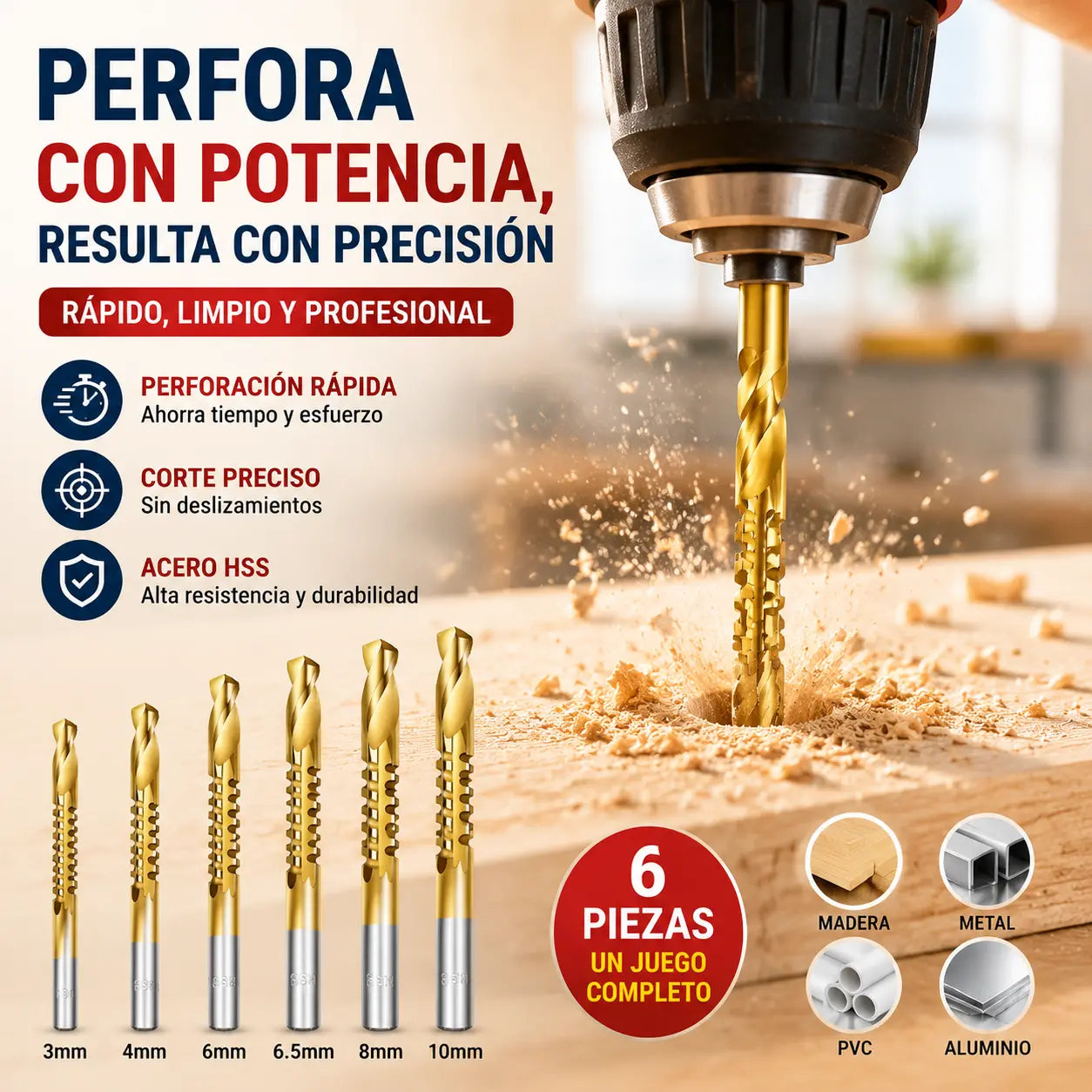 【Juego de 6 piezas】⚙️ Juego de brocas helicoidales: fabricadas en acero rápido, con recubrimiento de titanio y aptas para diversos materiales 🧰