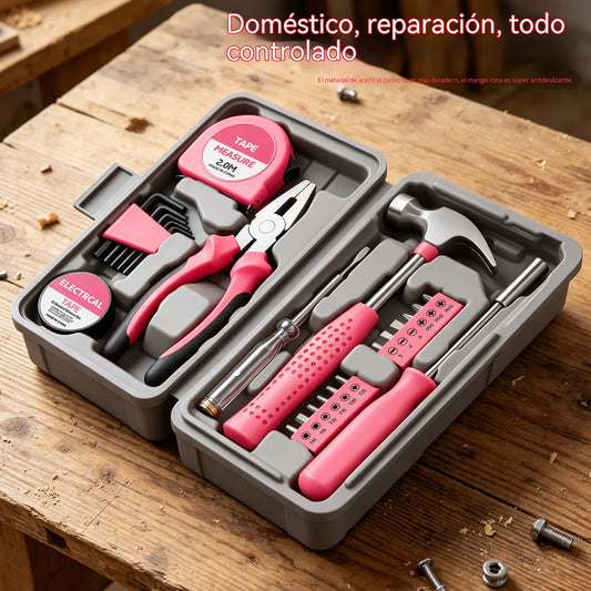 Kit de herramientas domésticas portátil de 24 piezas – Incluye estuche de almacenamiento, martillo, destornillador, alicates, cinta métrica y puntas para reparaciones caseras.