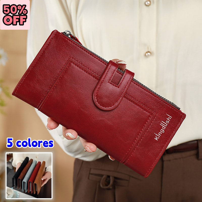 💰Cartera vintage de piel auténtica con doble cremallera y ranura para múltiples tarjetas para mujer