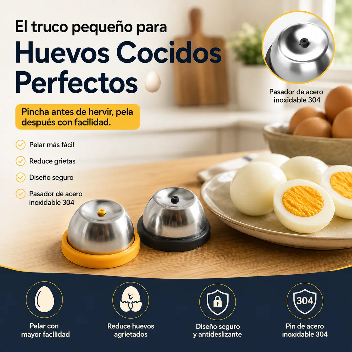 (Paquete de 2) 🥚 Perforador de huevos – Cuece huevos a la perfección fácilmente – Cuenta con cierre de seguridad y fabricación en acero inoxidable 304.