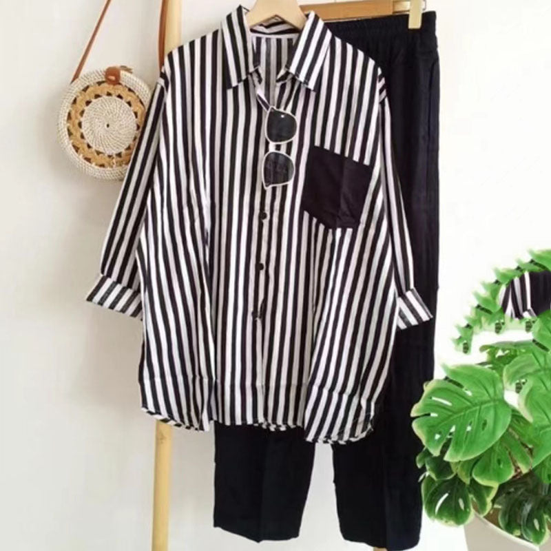 【S-5XL】Nueva conjunto de primavera a rayas, conjunto de dos piezas con mangas largas y pantalones.【Pantalones + Camisa】