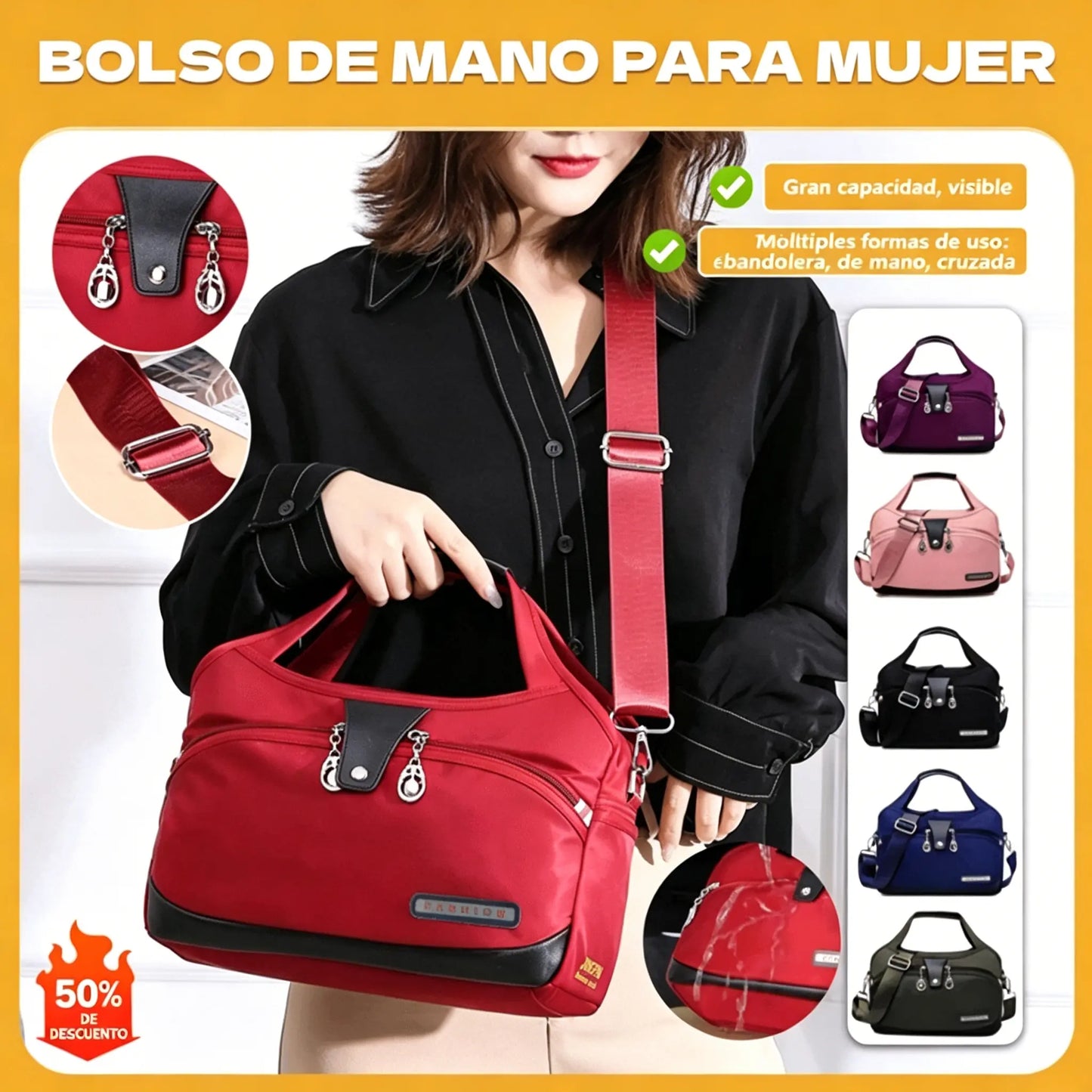 👜 【50% OFF】Bolso casual de tela Oxford – 💧ligero, impermeable y con gran capacidad 📦 3 formas de llevarlo: ✋mano, 🦾hombro o 🎒bandolera. 🌟