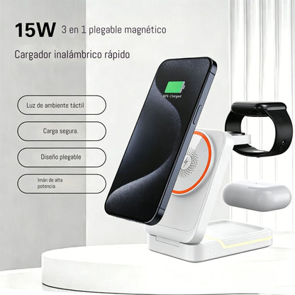 ⚡🧲 Nuevo cargador inalámbrico magnético 3 en 1 compatible con dispositivos Apple e incorpora iluminación ambiental.
