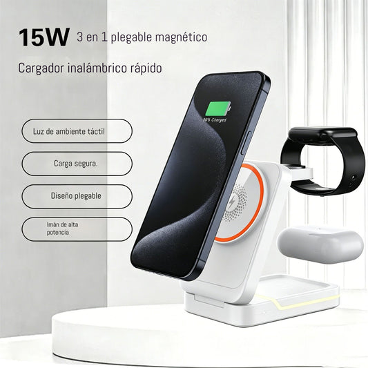 ⚡🧲 Nuevo cargador inalámbrico magnético 3 en 1 compatible con dispositivos Apple e incorpora iluminación ambiental.