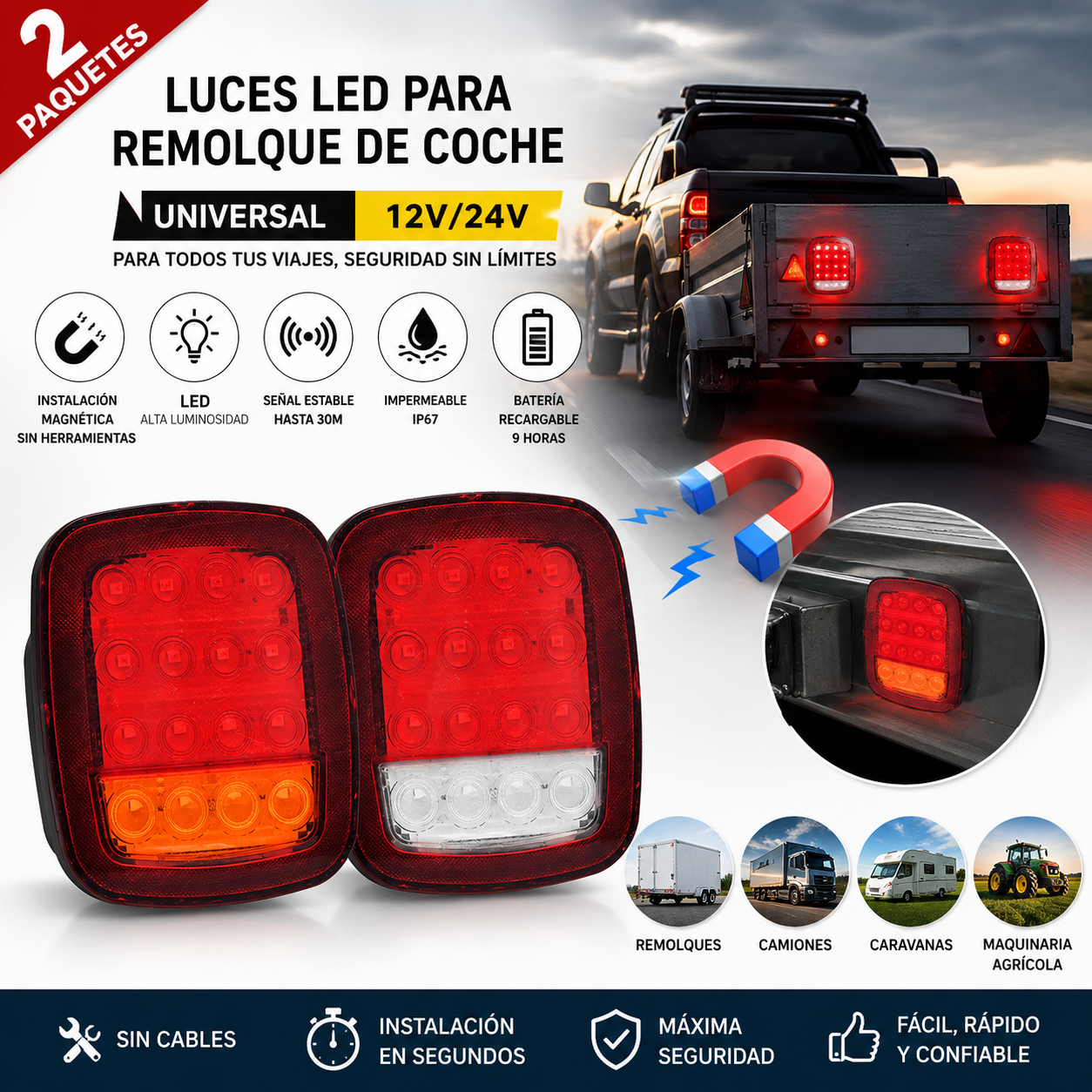 （2 paquetes）🚦【Universal 12V/24V】🚦 Luces LED para remolque de coche