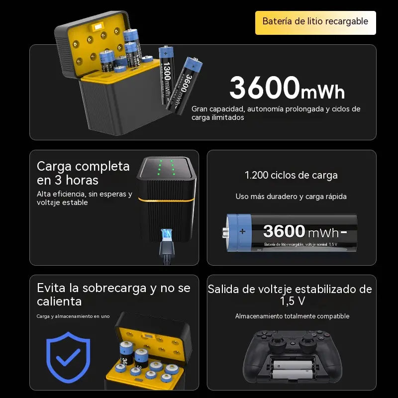 Estuche de carga para baterías de litio AA/AAA, carga por USB tipo C, protecciones múltiples, baterías recargables ecológicas.