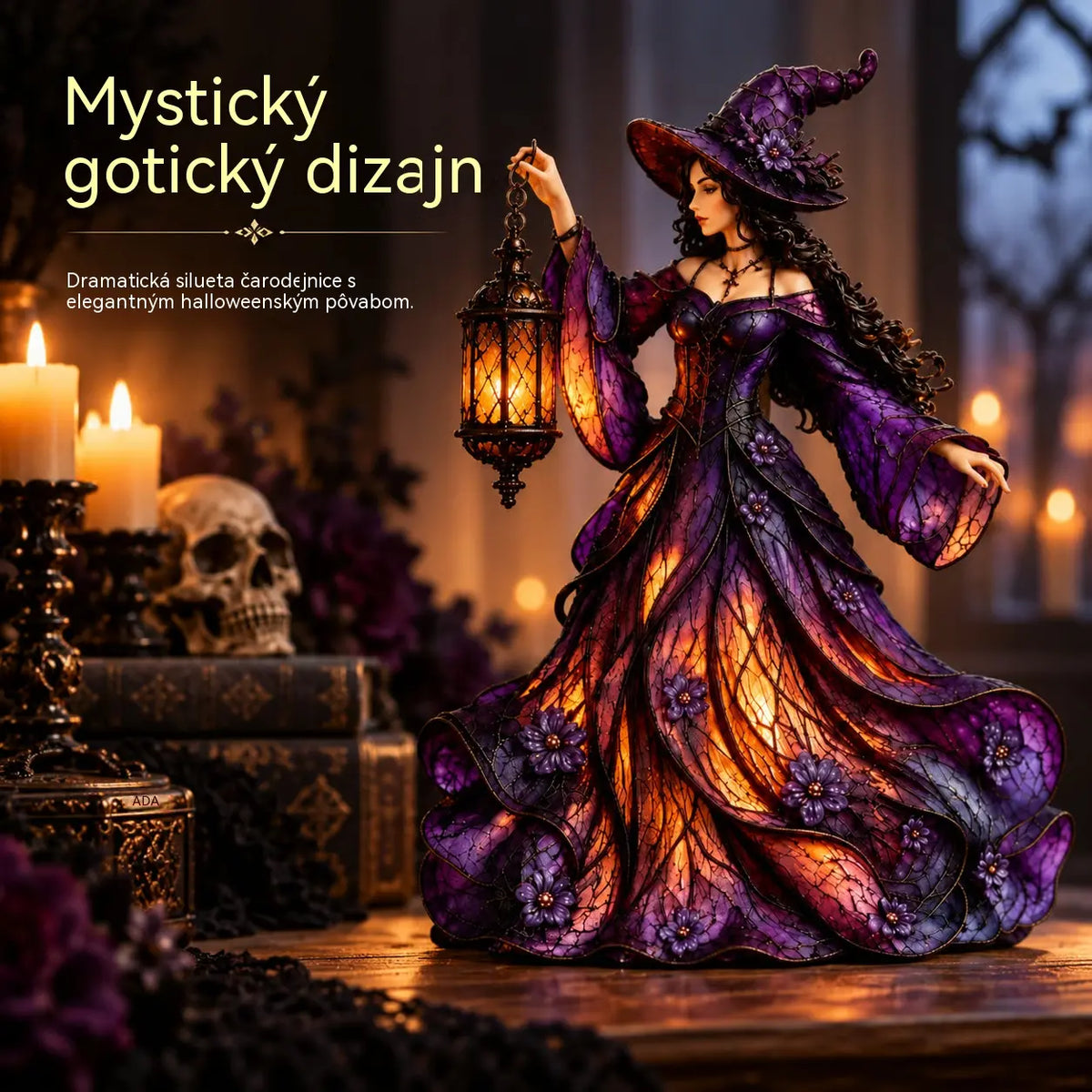 🧙‍♀️ Gotická figúrka halloweenskej čarodejnice s LED lampášom 🧙‍♀️