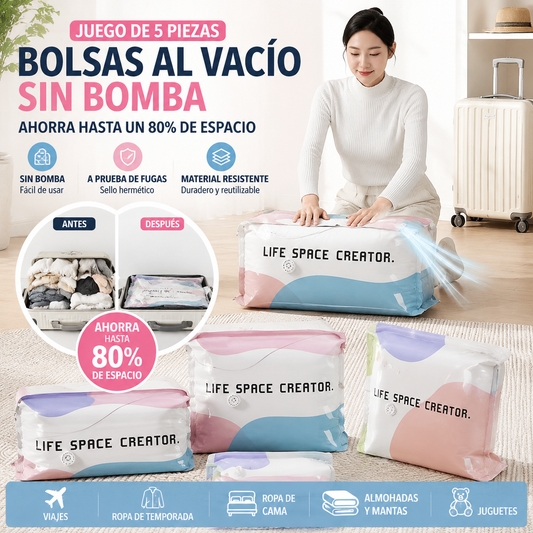 🧳【Juego de 5 piezas】💨 Bolsa de almacenamiento al vacío grande y compresible: no requiere bomba, es a prueba de fugas e ideal para ahorrar espacio en maletas y en casa ✈️