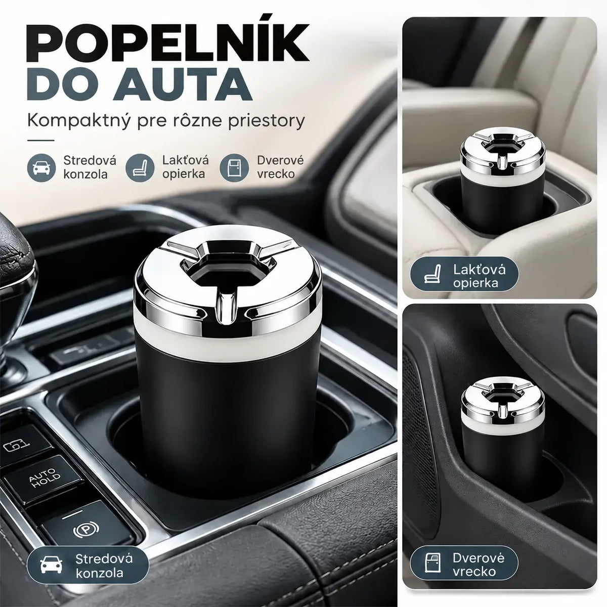 🚗🚬 Auto popolník s otočným vekom – 1+1 zdarma, sada 2 kusov, proti zápachu a popolu, univerzálny do držiaka nápojov.