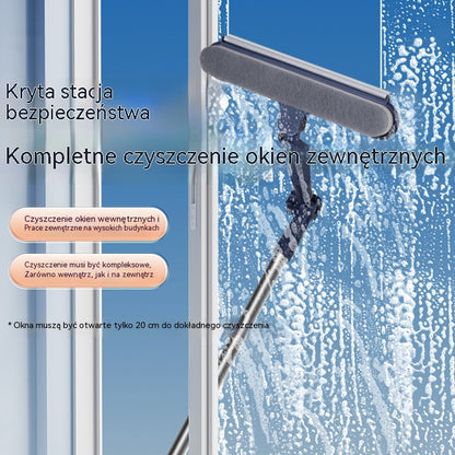 Dwustronna myjka do okien 2 w 1 z teleskopowym uchwytem, przeznaczona do mycia okien w budynkach wysokościowych.