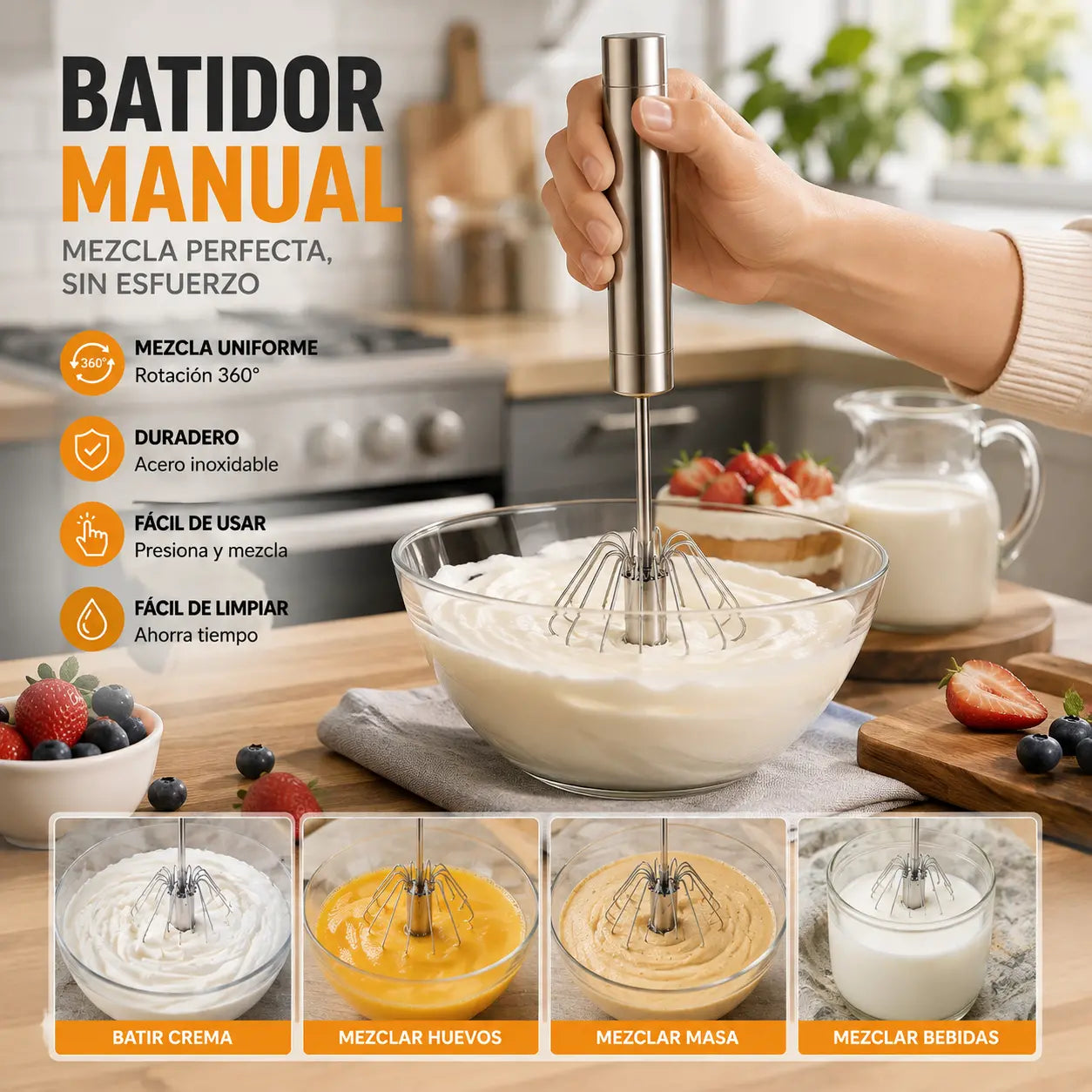 【 Conjunto de 2 piezas】Batidor de huevos semiautomático de acero inoxidable