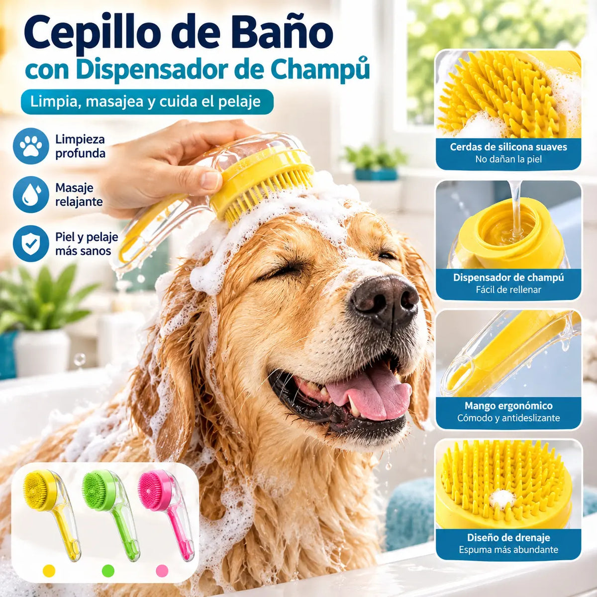 🥳Compra 1 y llévate 1 gratis🛁🐾 Cepillo de baño todo en uno: dispensador de champú incorporado, cerdas de doble cara. Limpieza suave y fácil. ¡Un baño relajante para ti y tu mascota! 💧✨