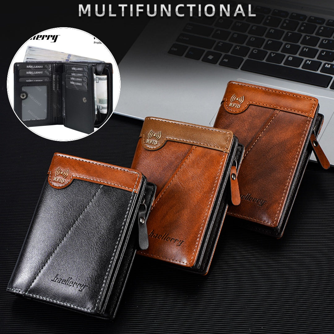 ⏰【Oferta por tiempo limitado】✨Nueva billetera con cremallera estilo retro de primera calidad para hombre con función antirrobo RFID.