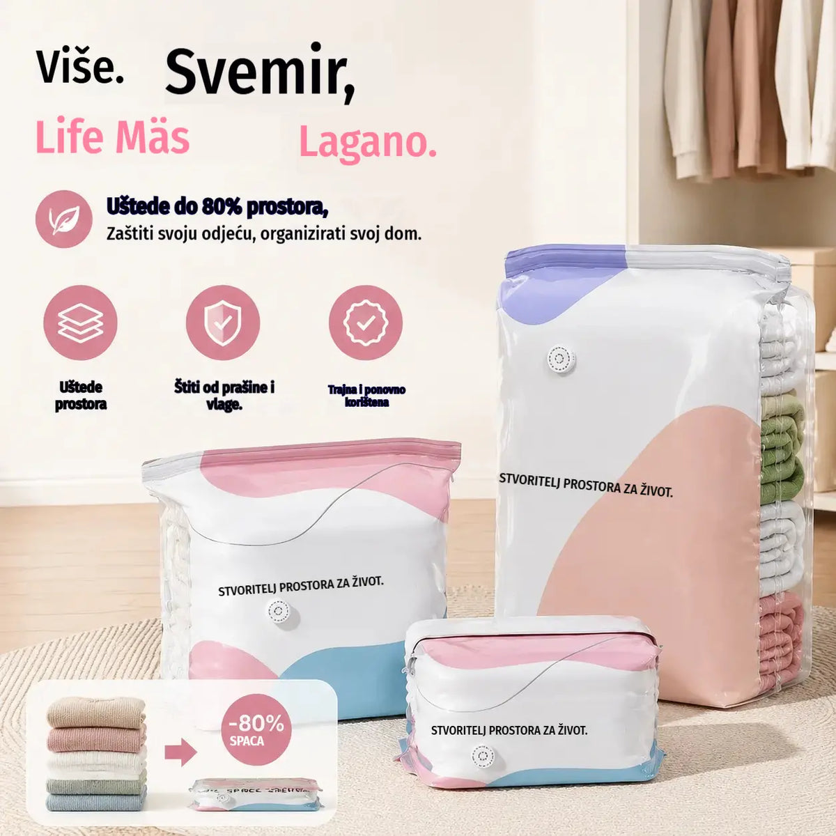 🧳【Set od 5 dijelova 27 eura】💨 Velika, stlačiva vakuumska vrećica za pohranu: nije potrebna pumpa, nepropusna je i idealna za uštedu prostora u koferima i kod kuće ✈️