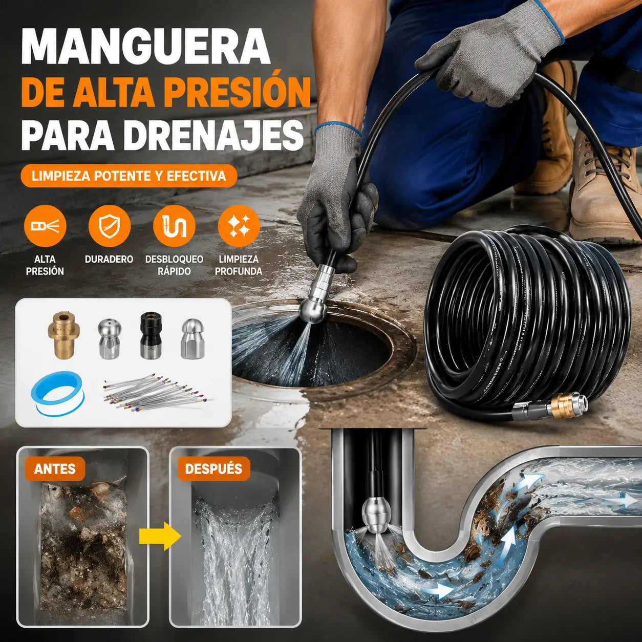 Limpiador de tuberías multifuncional de alta presión / equipado con boquilla de alta presión y manguera larga / utilizado para desatascar tuberías de desagüe y eliminar obstrucciones.