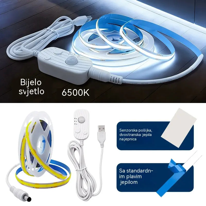 【2M】LED svjetlosna traka s pametnim senzorom i automatskim sustavom osvjetljenja, s USB ljepilom, idealna za kuhinje, spavaće sobe i stepenice.