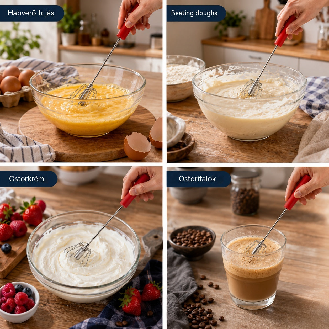 🥳Vásárolj 1-et, kapsz 1-et ingyen🥳💞Több mint 50 000 darab eladva!🥚💪 50% kedvezmény! Félautomata kézi tojáshabverő: nyomd meg és pörgesd – nincs szükség áramra. Másodpercek alatt felvered a tojást és a tejszínt. Kíméletes a csuklódnak! ✨🧁
