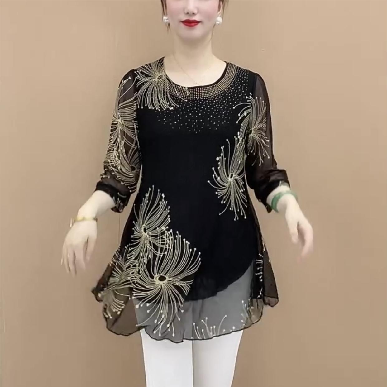 【M-4XL】Camisa de gasa bordada con flores para mujer, a la moda, 2026