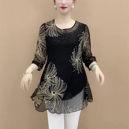 【M-4XL】Camisa de gasa bordada con flores para mujer, a la moda, 2026
