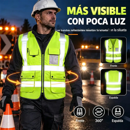 🦺 Chaleco Reflectante de Alta Visibilidad con Bolsillos | Chaleco de Trabajo para Construcción, Carretera y Seguridad Vial