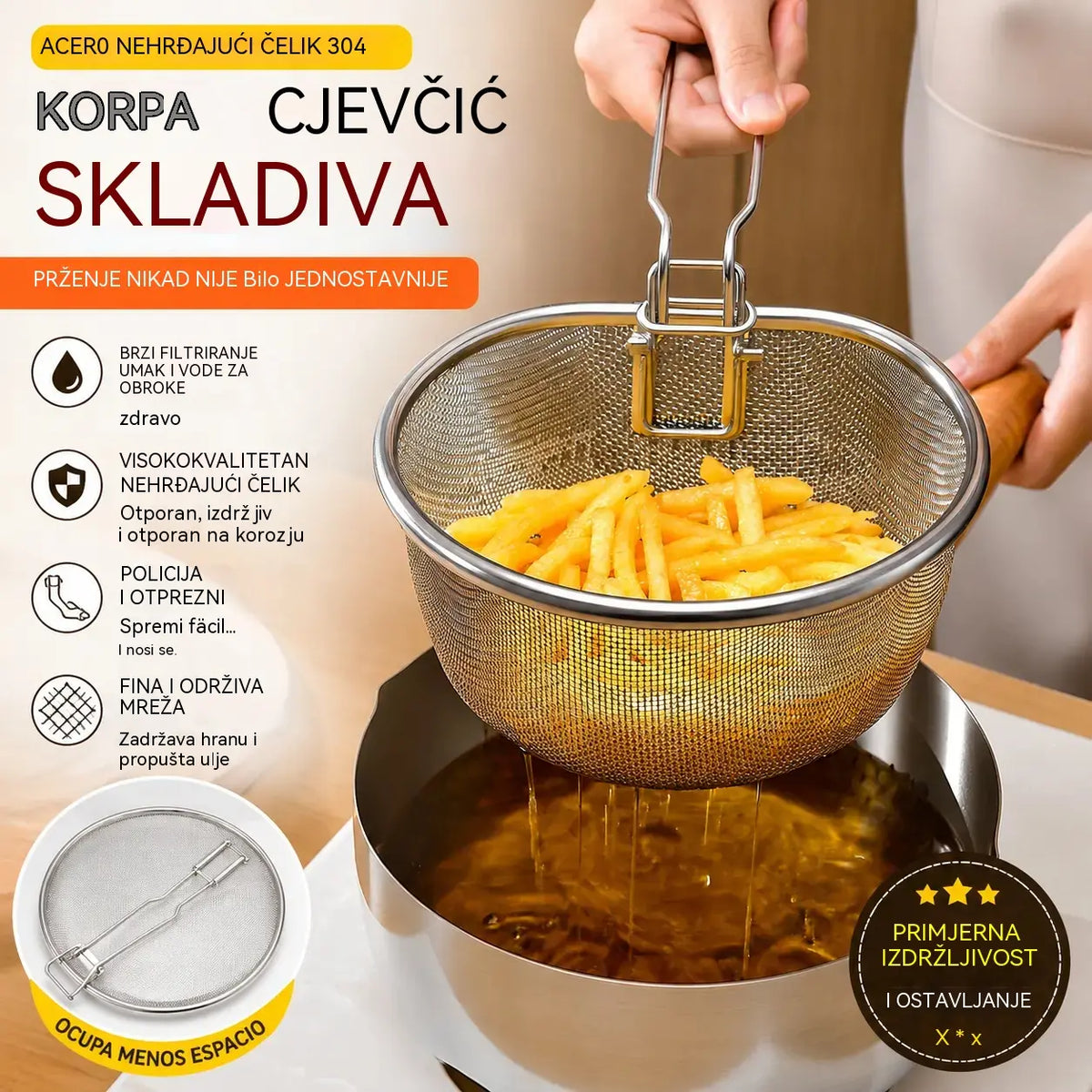 🍲Mrežasta košara-cjedilo od nehrđajućeg čelika sa sklopivom ručkom