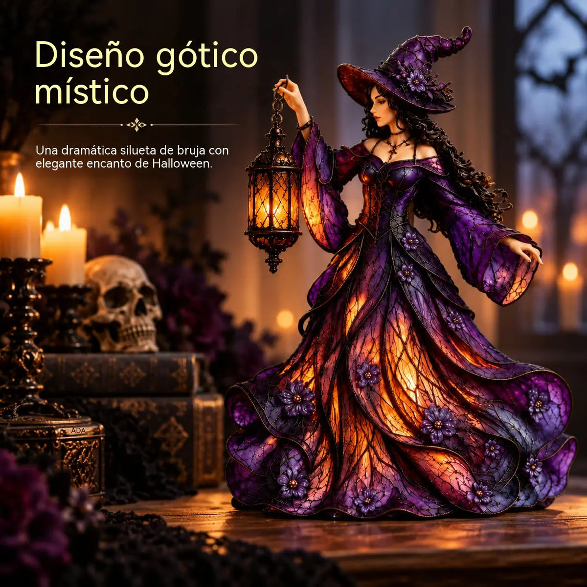 🧙‍♀️ Figura de bruja gótica de Halloween con farol LED 🧙‍♀️