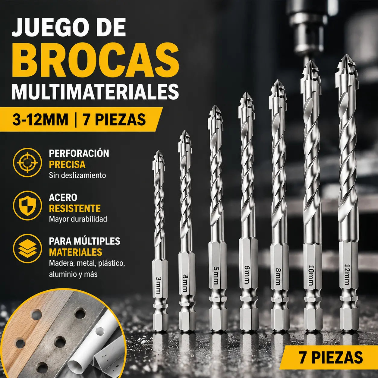 【7 pieza】Este juego de brocas multifuncionales de alta dureza es antideslizante, proporciona una perforación precisa y es adecuado para madera, metal, plástico y aluminio.【3+4+5+6+8+10+12mm】