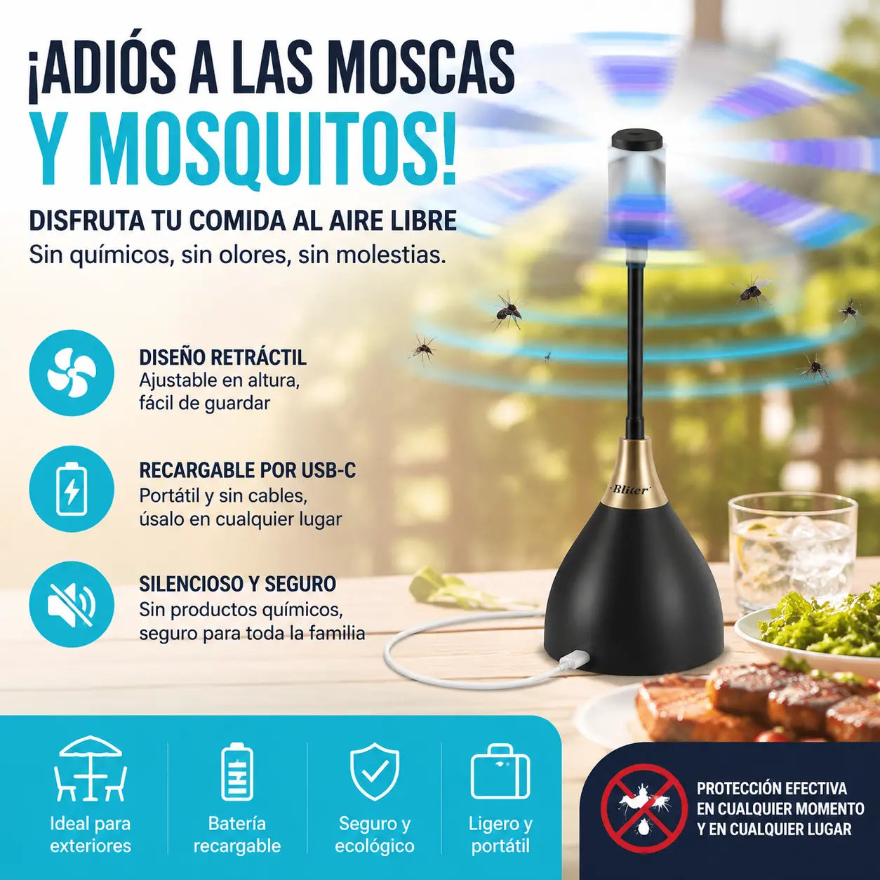🌀 Ventilador inteligente repelente de insectos: recargable, silencioso y portátil. Crea un ambiente libre de insectos en cualquier momento y lugar. 🏡✅