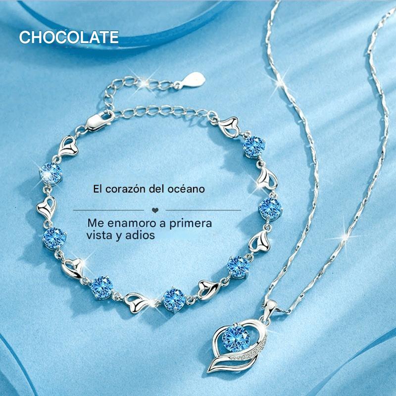🥰【1 juego：Pulsera + collar】✨Conjunto de pulsera y collar de plata de ley 925 Corazón del Océano