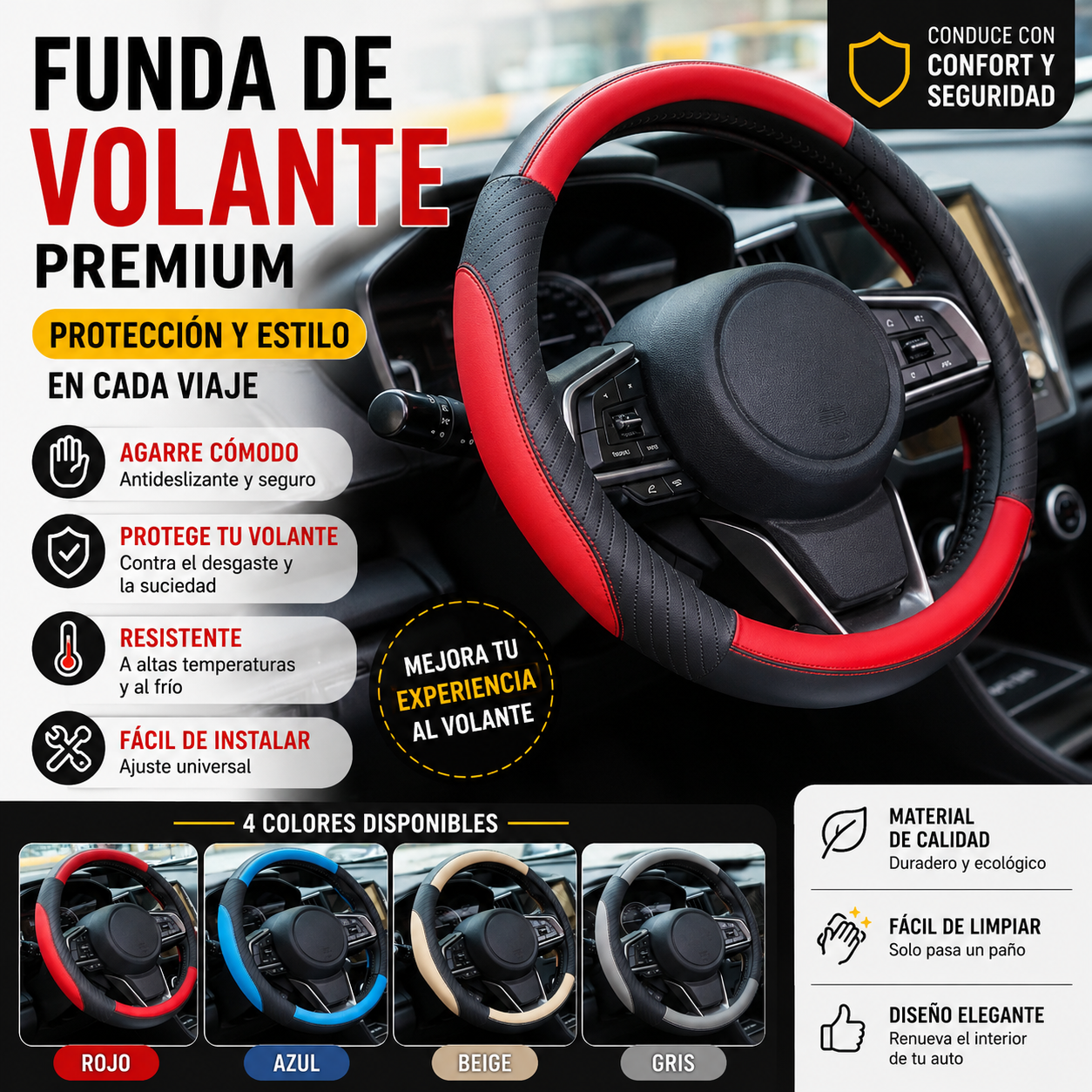 👍🔥Funda de volante de cuero genuino - Funda universal para volante de coche, antideslizante, duradera