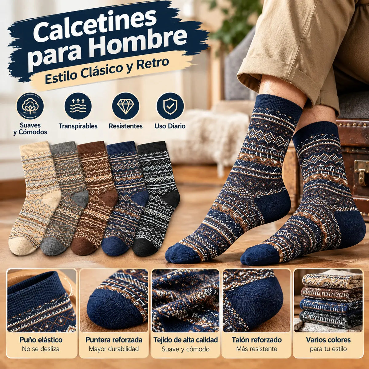 【10 pares 】🧦(39-45)Calcetines étnicos retro absorbentes del sudor para otoño e invierno para hombre