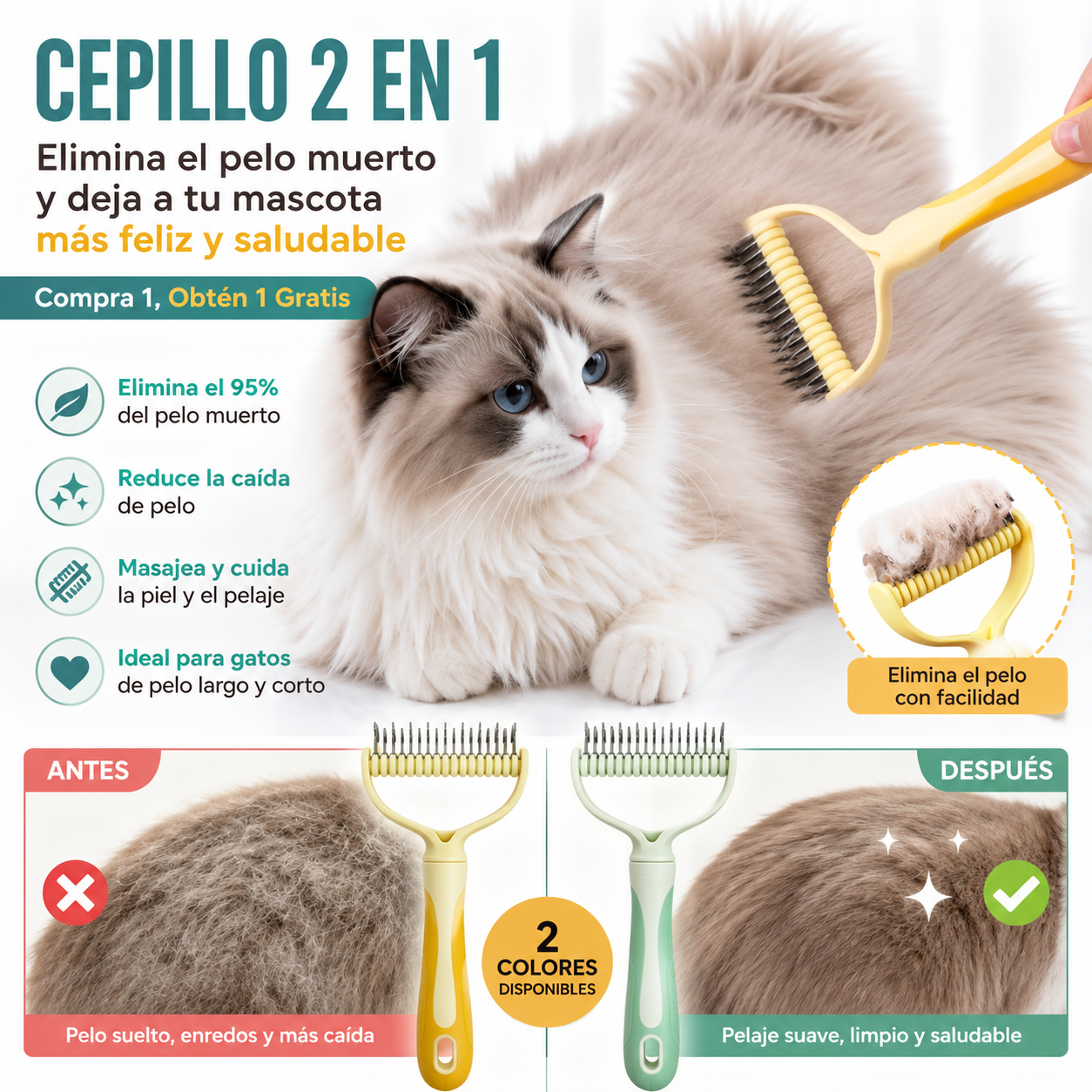 🐶【Compra 1 y llévate 1 gratis】-2 piezas--🧹 Cepillo autolimpiante de doble cara para mascotas: elimina el pelo muerto y reduce la caída del pelo en perros y gatos.