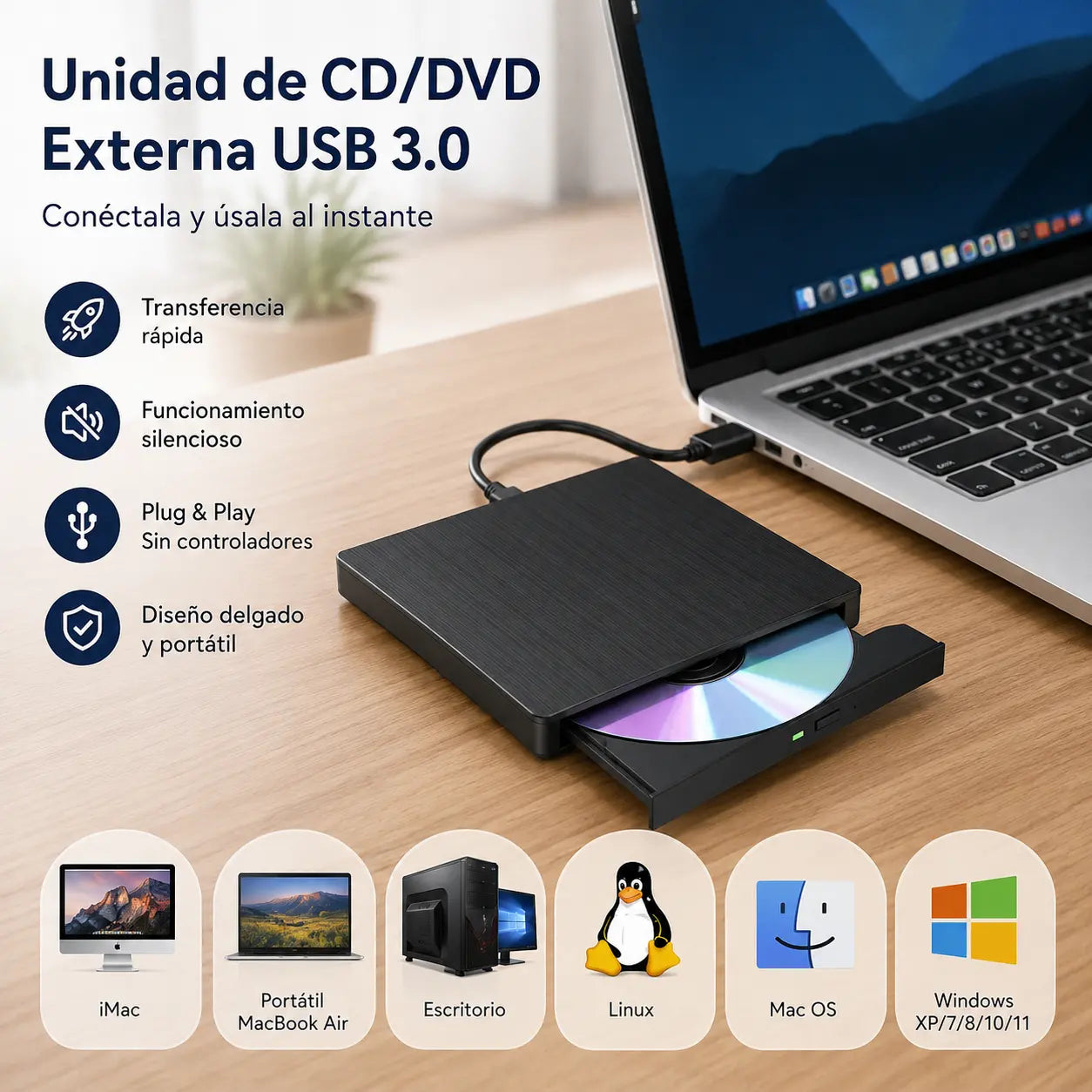 📢📢!58% de descuento! 💿💻 Unidad externa de CD/DVD: Plug & Play, portátil y compatible con Mac/Windows