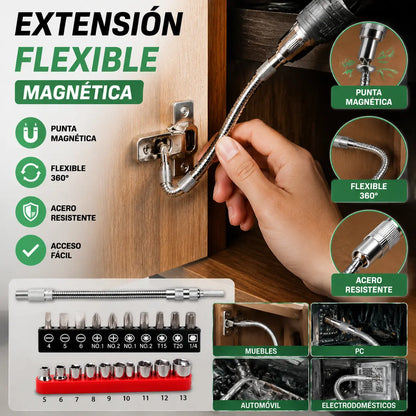 【Juego de 20 piezas】 Eje magnético flexible giratorio de 360° y 300 mm | Incluye 20 destornilladores de diferentes tamaños para acceder fácilmente a espacios reducidos.