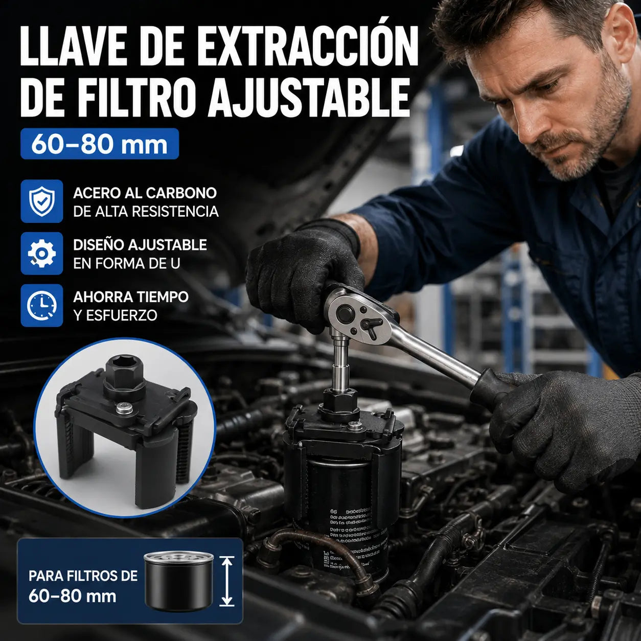 Llave profesional para filtros de aceite de automóviles: ajuste automático de 60-80 mm, acero endurecido, compatible con llaves de carraca de 1/2 pulgada.