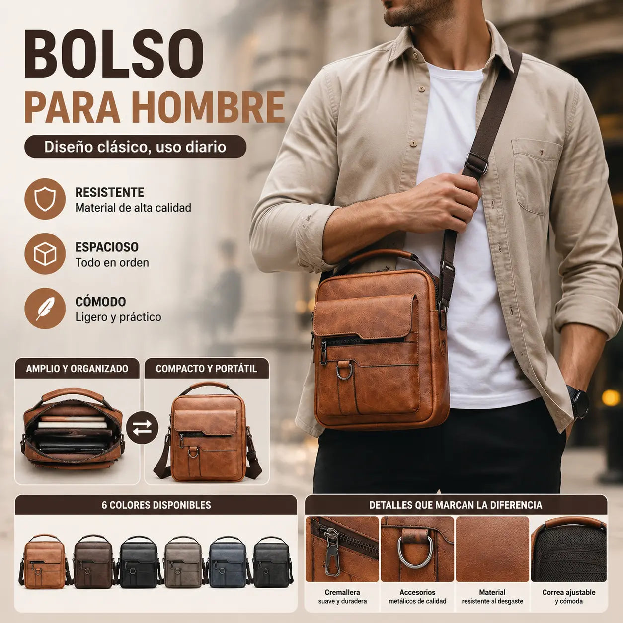 Nuevo bolso de hombro informal retro de piel de vaca de gran capacidad para hombre