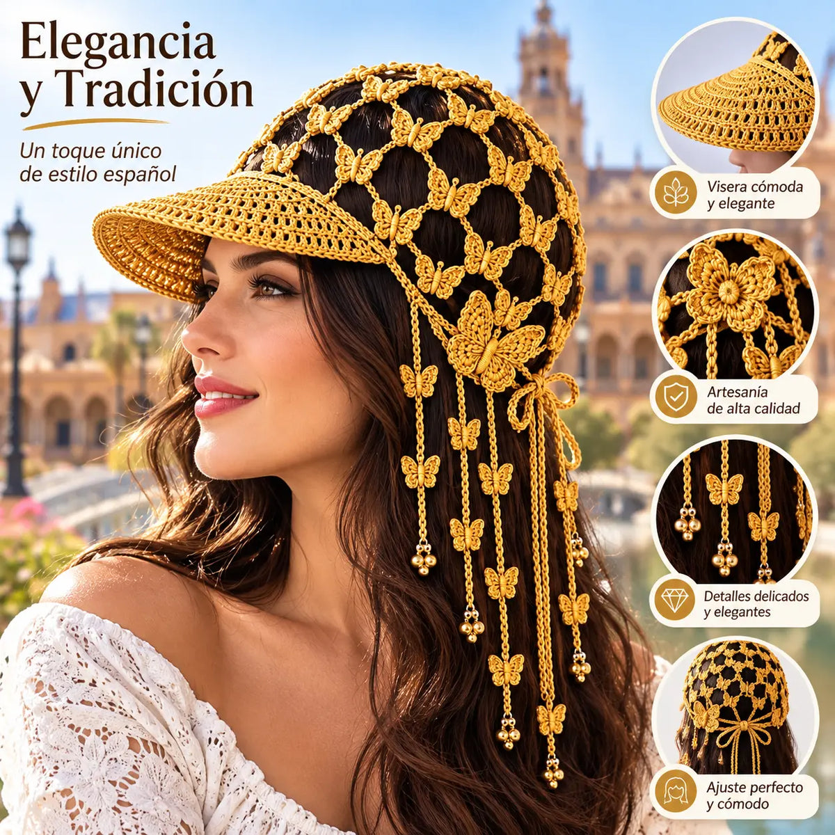 🌻🧶 Gorra de Ganchillo con Girasol para Mujer | Gorra Boho Calada de Verano con Borlas Decorativas