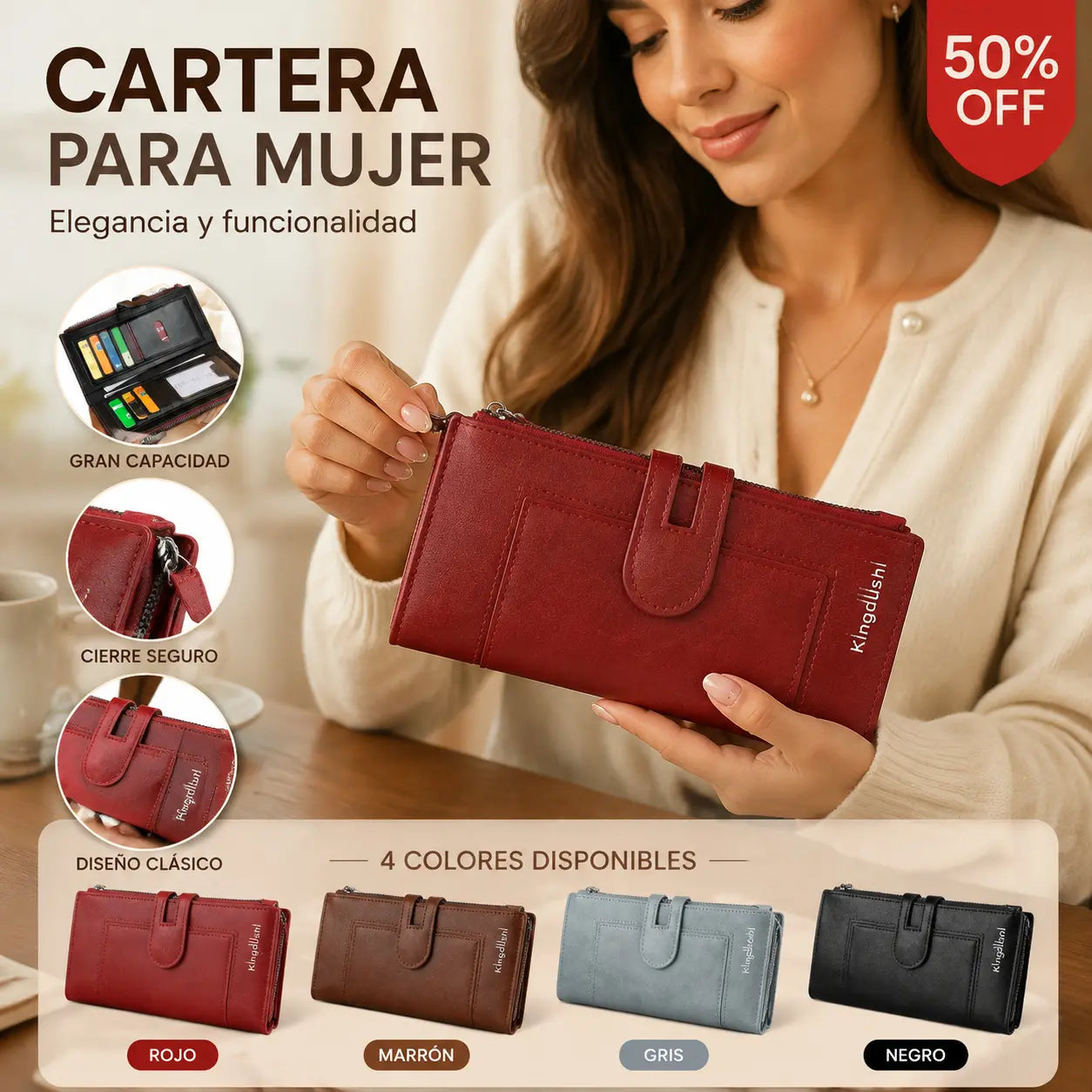 Cartera larga de alta gama para mujer con doble cremallera, diseño multicompartimento, gran capacidad, estilo versátil y sofisticado.