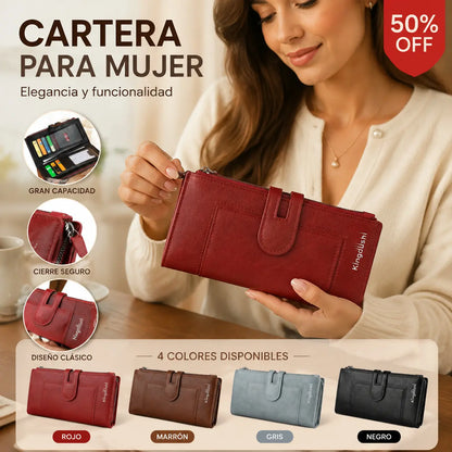 Cartera larga de alta gama para mujer con doble cremallera, diseño multicompartimento, gran capacidad, estilo versátil y sofisticado.