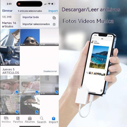📸📱Lector de tarjetas de doble puerto compatible con teléfonos Apple, tarjetas SD y cámaras con conectividad Tipo-C.