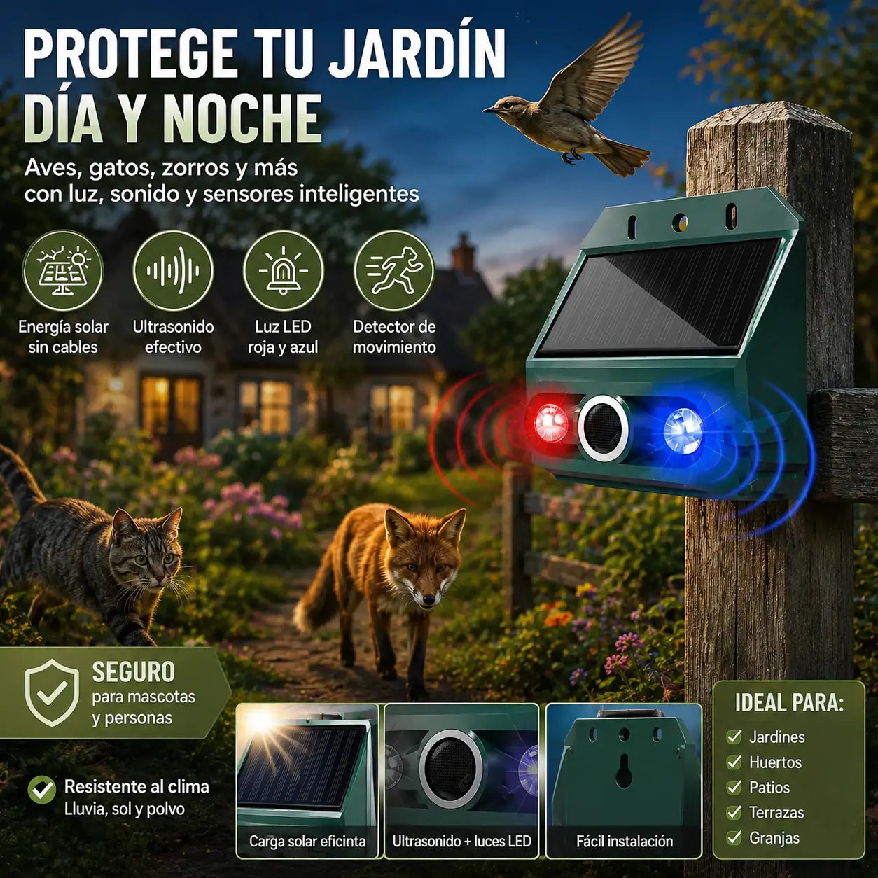 🔥【Oferta especial】🔥Repelente solar ultrasónico para animales para exteriores: puede ahuyentar pájaros y animales.