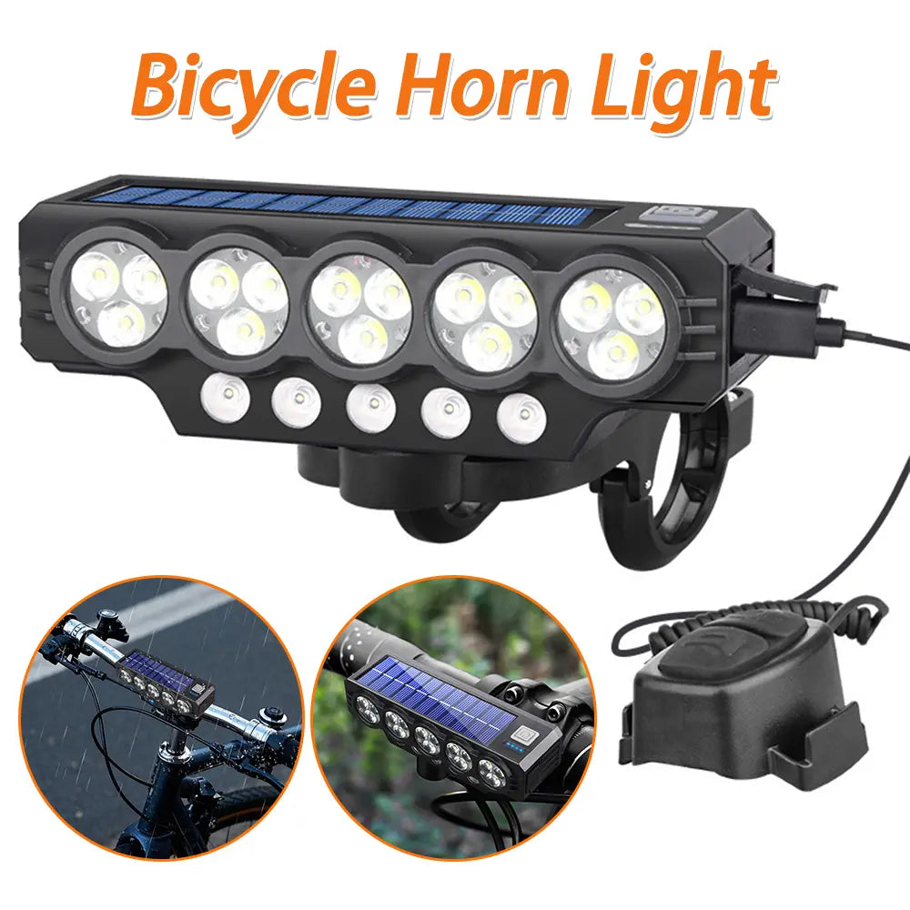 Faro solar para bicicleta con carga USB y altavoz, 900 lúmenes, luz nocturna de larga duración para ciclismo