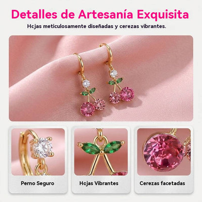 🍒 Conjunto de pendientes y collar con colgante de cristal de cereza rosa