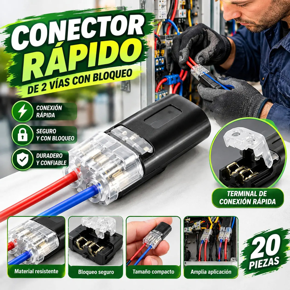 【20 piezas】Conector enchufable de doble cable con presilla de bloqueo