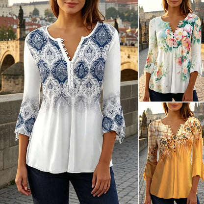 🎉🎁【S-5XL】 2026 nueva camiseta estampada delgada con cuello en V para mujer